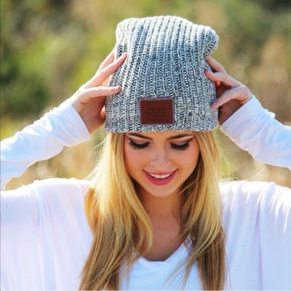 Love Your Melon Beanie Hat Gray White Knit Ribbed Cozy Streetwear